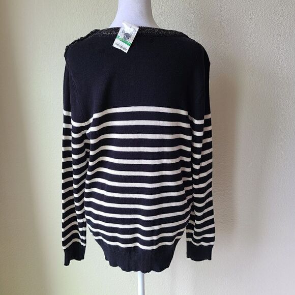 Charter Club Striped Cable-Knit‎ Sweater Size Large NEW NWT Black/ Cream - Picture 7 of 11
